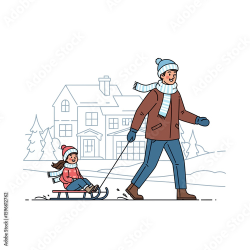 A father pulls his daughter on a sled through a snowy landscape in front of a house.