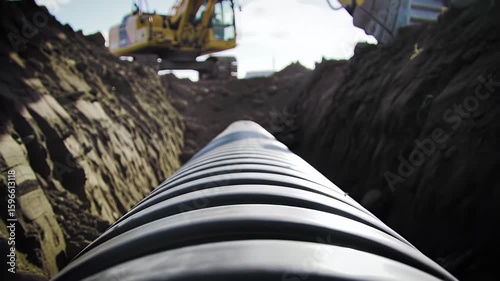 Black Corrugated Pipe Lying in a Trench with Yellow Excavator and Bright Sky Construction Site Engineering and