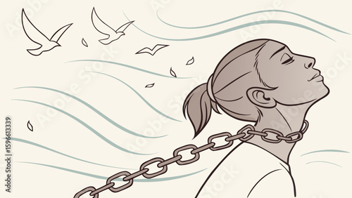 Woman with chain around her neck looking up at birds flying in the sky with wind blowing around her