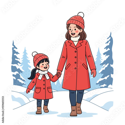 A mother and daughter stroll hand-in-hand through a snowy winter landscape.