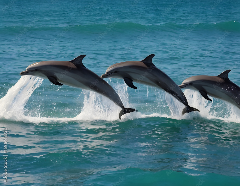 Naklejka premium A group of dolphins is splashing and playing in the waves of water in the sea. dolphin jumping out of the water.