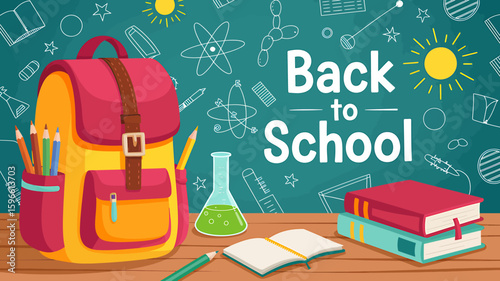 Back to School Illustration A vibrant digital illustration evokes excitement for education and learning with playful designs on a chalkboard background.