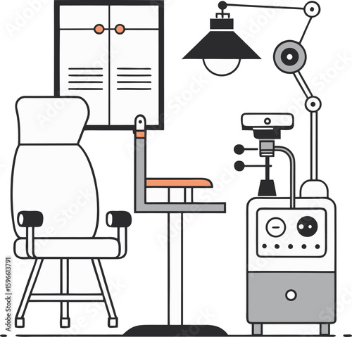 "Single-line silhouette drawing of a modern eye exam setup with chair, phoropter, and chart."