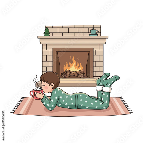 A person in pajamas lies on a rug, drinking from a mug in front of a fireplace.