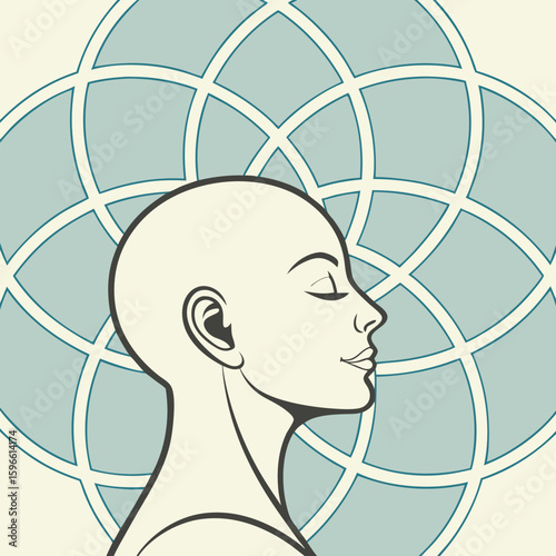 Woman in profile with closed eyes against a geometric floral pattern in light blue and beige colors