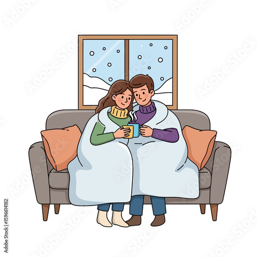 A couple cuddles on a sofa, wrapped in a blanket, enjoying warm drinks.