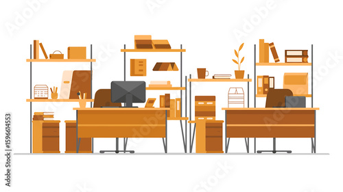 Modern office interior with desks and shelving