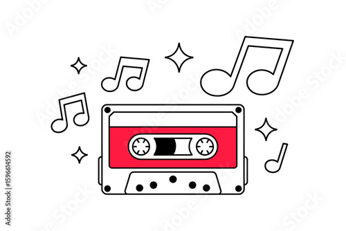 Retro cassette tape with musical notes and sparkles