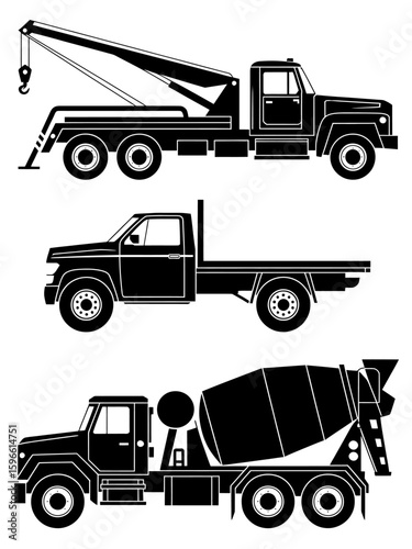 Collection of three black silhouette heavy duty work trucks