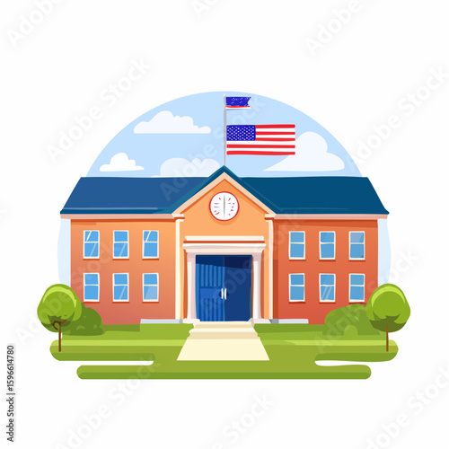 Charming flat design illustration of a classic American school building with a flagpole flying the US flag under a blue sky with clouds