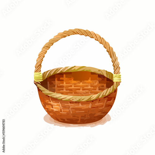 An empty woven wicker basket with a thick twisted handle and a light brown rim isolated on a clean white background, showcasing natural texture.