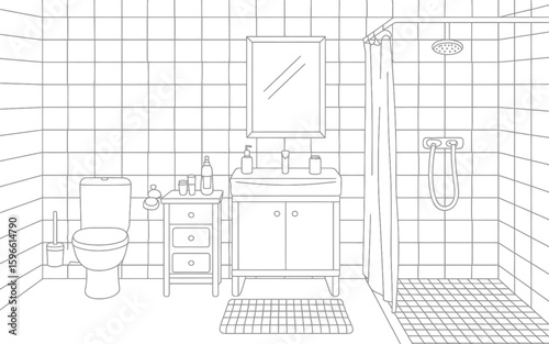 Line drawing of a modern bathroom with shower and vanity