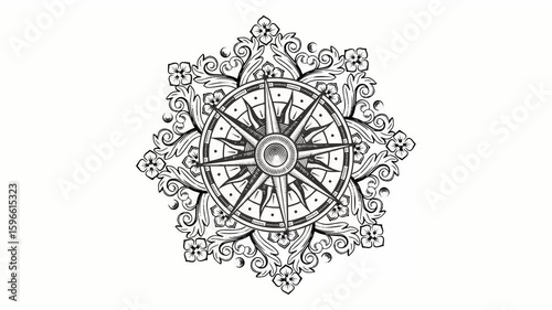 Ornate Compass Rose Mandala with Floral Elements - Black and White Vector Design, 4K, loop animation
