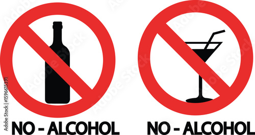 No Alcohol Icon Set – Prohibition Signs for Bottle & Glass in Red Circle