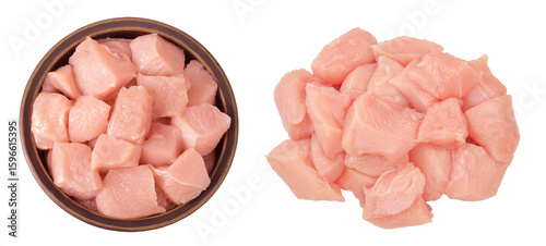 Raw diced chicken fillet in ceramic bowl isolated on white background. Top view. Flat lay