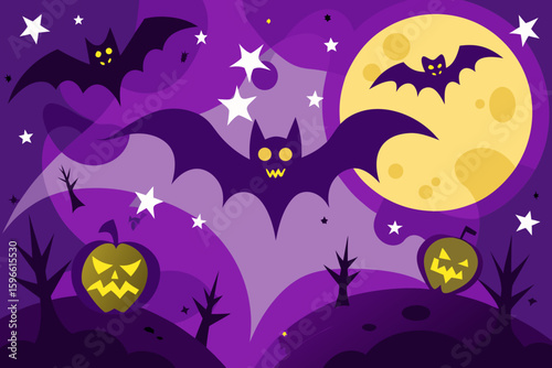 Purple Halloween Background with Bats and Stars vector illustration