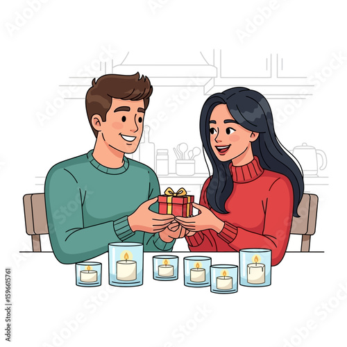 A smiling man giving a gift to a woman at a candlelit table.