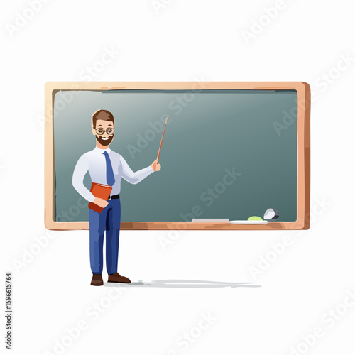 Cartoon illustration of a male teacher in formal attire holding a book and pointing at a blackboard with a presenter stick in a classroom setting.