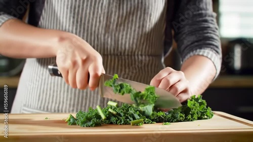 Preparing Kale Cutting Fresh Vegetables on Wood Cutting Board at Home