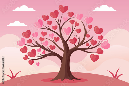 Love Tree with Heart Leaves and Soft Pink Sky vector illustration