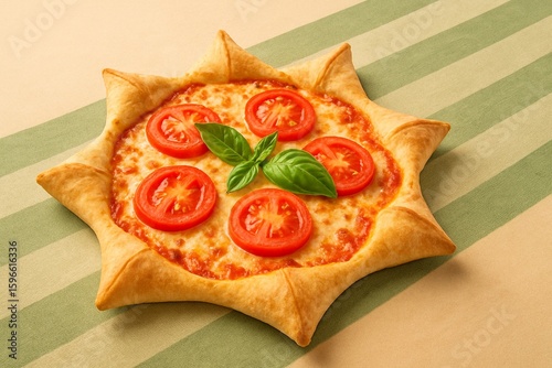 A high-resolution photograph of a star-shaped Margherita pizza with melted mozzarella and fresh basil, placed on a textured striped background. Ideal for food promotion or advertising