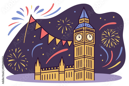 Midnight Celebration Scene with Clock and Fireworks vector illustration