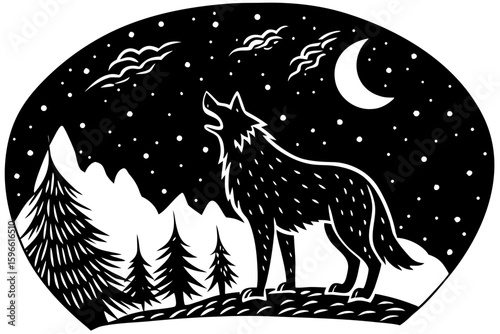 Starry Halloween Night with Howling Wolf vector illustration