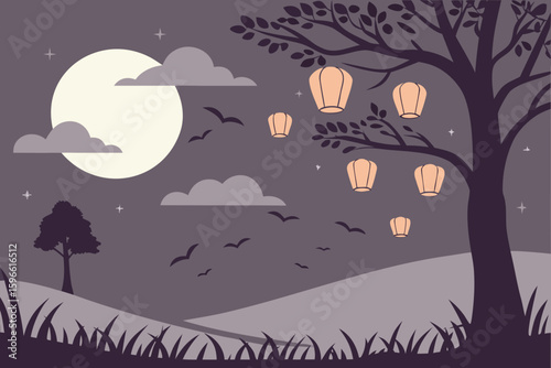 Spooky Night Sky with Flying Paper Lanterns vector illustration