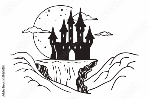 Vampire Castle on a Cliff at Night vector illustration