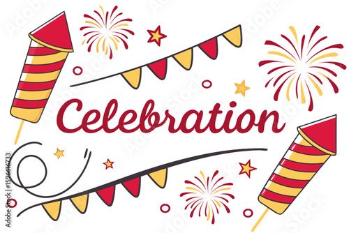 Celebration Banner with Shining Text and Firecrackers vector illustration