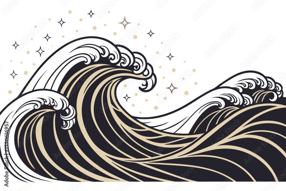 Obraz premium Gold and Black Wave Pattern with Floating Sparkles vector illustration