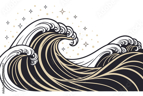 Gold and Black Wave Pattern with Floating Sparkles vector illustration