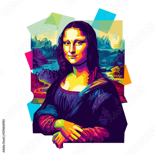 Pop art rendition of Mona Lisa with colorful geometric background and transparent backdrop