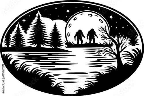Moonlit Lake with Silhouettes of Monsters vector illustration
