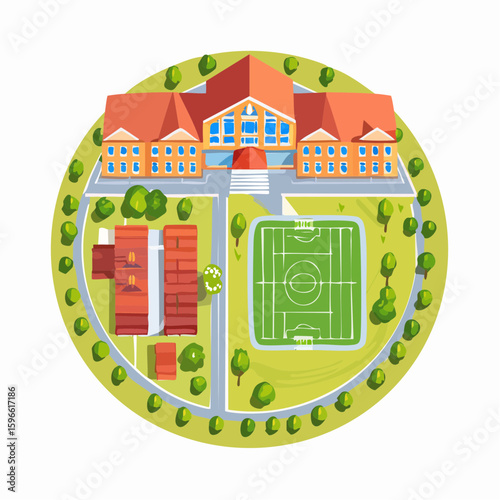 Aerial view of a modern school campus featuring a main building, sports field, and surrounding greenery, rendered in a vibrant flat design style.