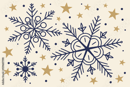 Pattern of Snowflakes and Stars Mixed with Golden Dust vector illustration