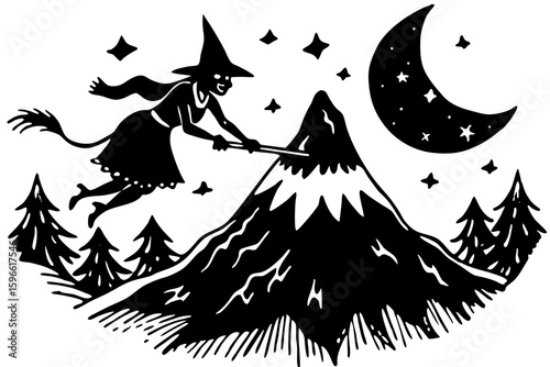 Witch Flying Over Mountain with Black Cat vector illustration