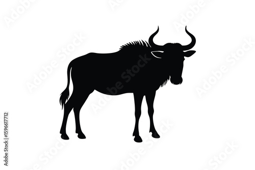 Wildebeest Silhouette Standing Isolated on White Background African Wildlife Animal Illustration