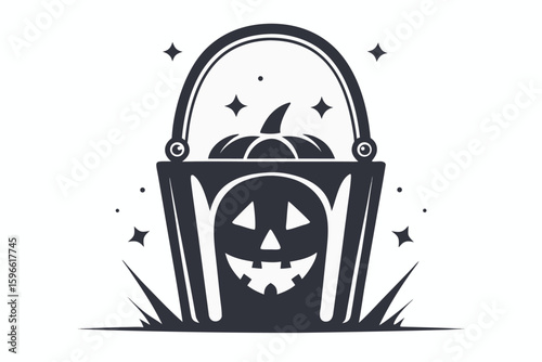 Silhouette shows a bucket filled with a jacko'lantern pumpkin in stark black and white