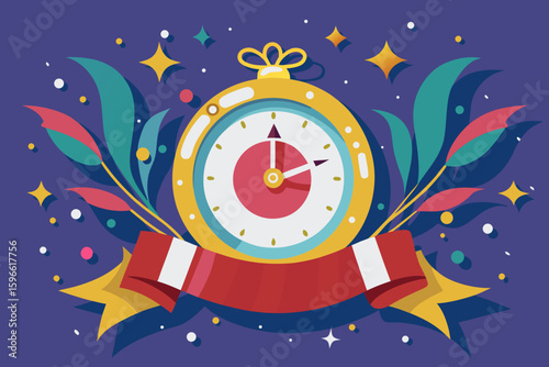 Festive Clock About to Strike Midnight with Ribbons vector illustration
