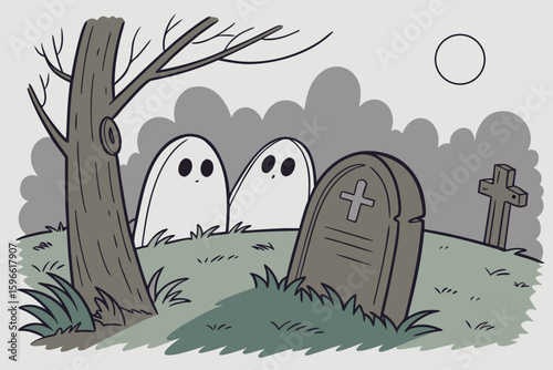 Ghosts Peeking from Behind Gravestones vector illustration