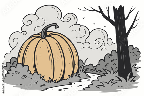 Misty Scene with a Giant Rising Pumpkin vector illustration