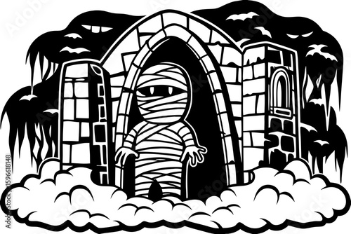 Mummy Emerging from Ancient Ruins with Fog vector illustration