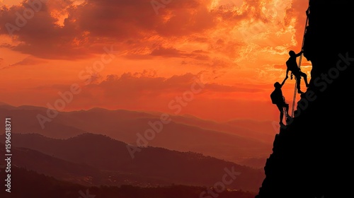 Two climbers ascend a mountain at sunset.