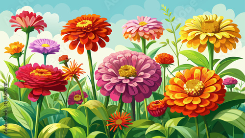 Colorful Zinnia flowers bloom brightly under spring and summer sunlight. This beautiful garden scene glows with nature’s vibrant hues, isolated on a clean white background for semi-realistic vector 