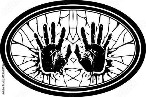 Bloody Handprints on Cracked Glass Background vector illustration