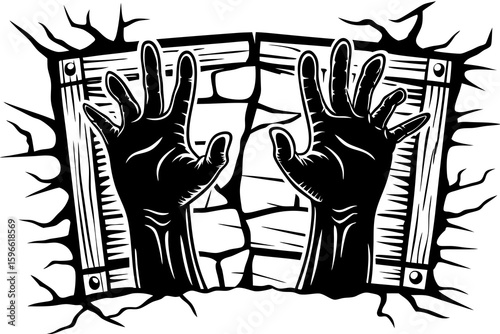 Creepy Shadowy Hands on a Cracked Wall vector illustration