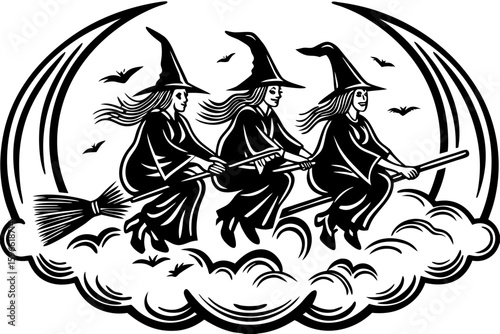 Floating Witches Around a Crescent Moon vector illustration