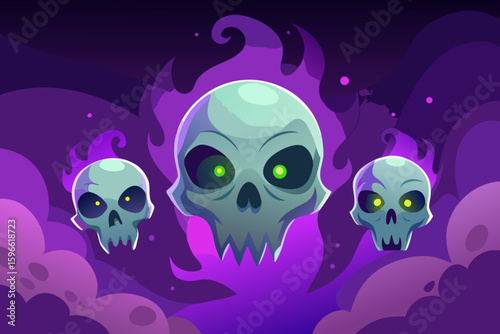 Glowing Skulls in a Purple Mist Background vector illustration