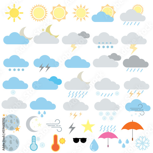 Cute weather vector set for kids. Educational weather, forecast dictionary for children with funny sun, rainbow, cloud character. Cloudy, sunny, windy, rainy, snowy, stormy. Cartoon vector illustratio